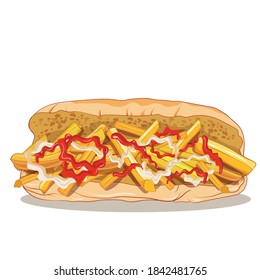 French fries in bread with mayonnaise and ketchup vector background isolated