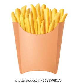 French Fries Brown Paper Bag isolated on a white background. Delicious French potato fast food pack box. Realistic 3d vector illustration.