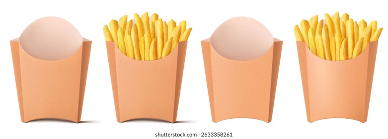 French fries in brown paper bag isolated on a white background. Delicious French potato fast food pack boxes. Empty And Full. Realistic 3d vector illustration.