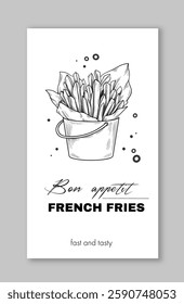 French fries in a bucket, sketch style, on white background. Concept of fast food. Vector illustration