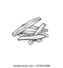 French fries bunch. Sketch style hand drawn illustration. Fried potato. Fast food retro artwork. Vector image Isolated on white.