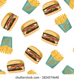 French fries and burger background. Fastfood vector seamless pattern.