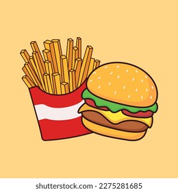 French fries and burger cartoon icon vector illustration. Food icon concept illustration, suitable for icon, logo, sticker, clipart