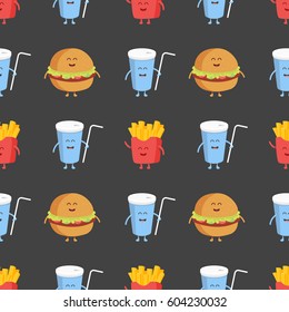 French fries, burger and cola seamless pattern. Template for kids menu restaurant. Vector illustration.