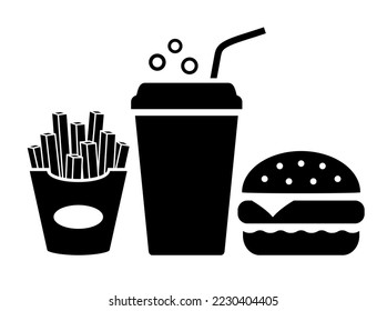 French fries and burger, fast food vector icon isolated on white background, abstract fast food web design.