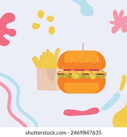 French fries and burger on a colorful background