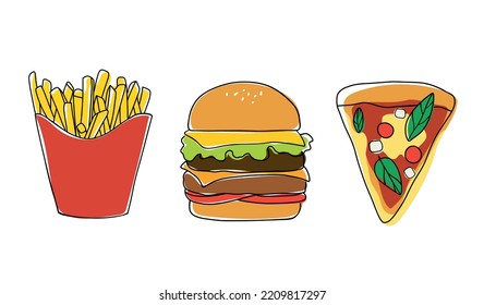 French fries, burger and pizza on isolated background. Fast food dishes isolated on white background. Vector illustration. Fast food. 