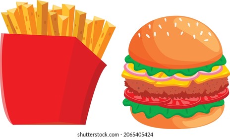 French fries and burger vector art and illustration