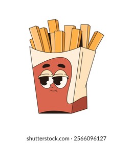 French fries in card box with face. Vector fast or junk, unhealthy food character with face and eyes. Fried potato sign for snack. Fastfood meal or menu symbol. Funny comic mascot or print, pop art.