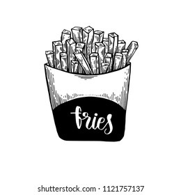 French fries card. Sketch of snack. Vintage engraved illustration isolated on white background. Template for label, poster, postcard, invitation, flyer, logo, menu. 