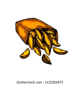 French fries card. Sketch of snack. Vintage engraved illustration isolated on white background. Template for label, poster, postcard, invitation, flyer, logo, menu. 