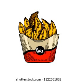 French fries card. Sketch of snack. Vintage engraved illustration isolated on white background. Template for label, poster, postcard, invitation, flyer, logo, menu. 