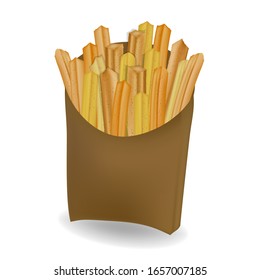 French fries in a cardboard box isolated on white background. Vector illustration of french fries in paper packaging.