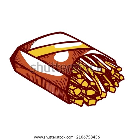 French fries in cardboard package vector engraved illustration. Hand drawn fried fat potato slice in pack traditional American junk food isolated. Fastfood eating restaurant cafe takeaway snack menu