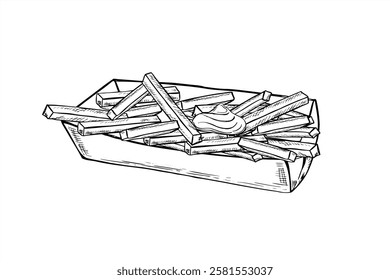 frites en carton boîte rectangulaire ligne art noir croquis à l'encre. Bouquet de bâtonnets de pommes de terre frites en papier artisanal, dessiné à la main. Illustration de restauration rapide à emporter pour la conception de menus et l'emballage