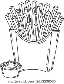 Batatas fritas em caixa com molhos de mergulho