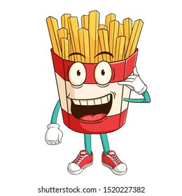 French fries cartoon character with call me hand sign and funny smile face