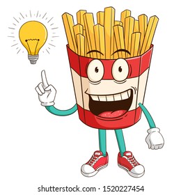 French fries cartoon character has idea with light bulb and funny smile face