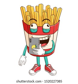 French fries cartoon character holding smartphone and do selfie with funny expression