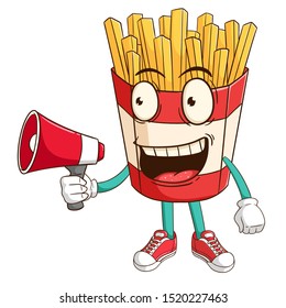 French fries cartoon character holding megaphone with funny smile face