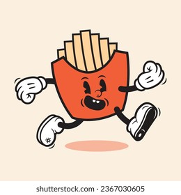 French Fries Cartoon Character Vintage Cute French Fries Cartoon Mascot Design Illustration French Fries Vector Mascot Cartoon Character