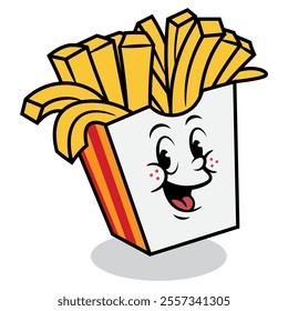 French fries cartoon characters in cool packaging box. Best for sticker, logo, and mascot for fast food restaurant business