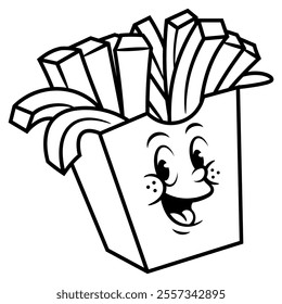 French fries cartoon characters in cool packaging box. Best for outline, logo, and coloring book for fast food restaurant business