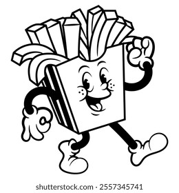 French fries cartoon characters walking. Best for outline, logo, and coloring book for fast food restaurant business