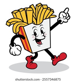 French fries cartoon characters walking and showing direction to fastfood restaurant. Best for sticker, logo, and mascot for fastfood restaurant business