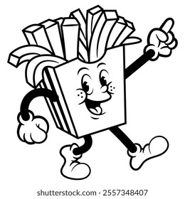 French fries cartoon characters walking and showing direction to fastfood restaurant. Best for outline, logo, and coloring book for fastfood restaurant business