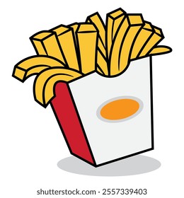 French fries cartoon in cool packaging box. Best for sticker, decoration, icon, logo, and mascot for fast food restaurant business