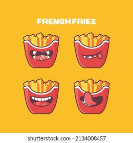 french fries cartoon. fast food illustration. with different mouth expressions. cute cartoon