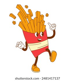 French fries cartoon groovy comic character, doodle design, logo comic style. Decoration for greeting cards, posters, prints and stickers. Vintage groovy retro color vector illustration.