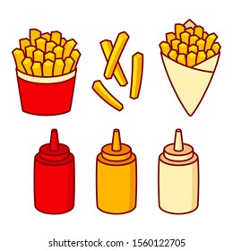 French fries cartoon illustration set. Potato fries in fast food box and paper cone with sauce squirt bottles: ketchup, mayonnaise and mustard. Isolated vector clip art.