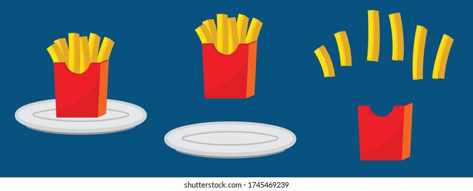 French fries cartoon illustration set. Potato fry. Fast food box and paper packet. vector clip art. French Fries in Red orange Striped Craft Paper Package Bags. Fast food. French fries vector.