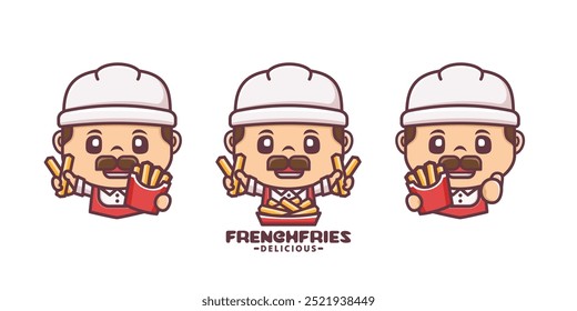 french fries cartoon mascot, fast food template logo design, vector illustration in outline style.