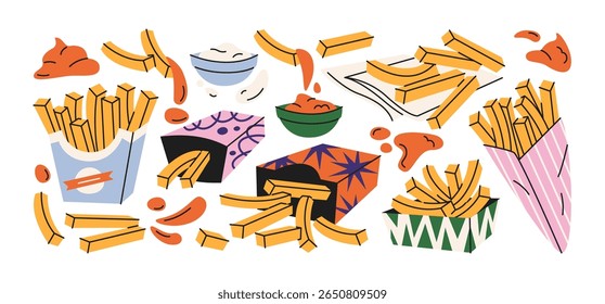 French fries in cartoon retro style. Crispy fast food compositions with fries in paper cones, sauces and ketchup splashes. Funky shapes illustrations, food lovers and snack packaging.