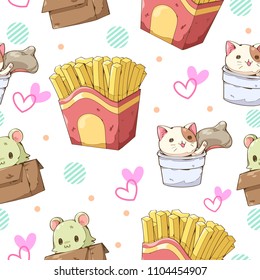 French fries, cat cup and cat box character cartoon seamless pattern vector