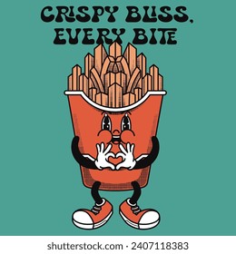 French Fries Character Design With Slogan Crispy bliss, every bite
