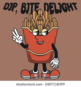 French Fries Character Design With Slogan Dip, Bite, Delight