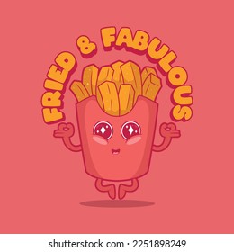 Dibujo vectorial feliz y mediador de las patatas fritas. Comida, divertido, concepto de diseño de eslóganes.