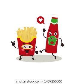 French fries character with ketchup isolated on white background. Simple vector illustration  can be used for sticker, patch, phone case, poster, t-shirt, mug and other design.