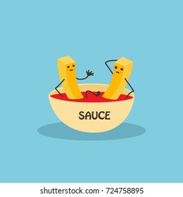 French fries character with ketchup isolated on blue background.
