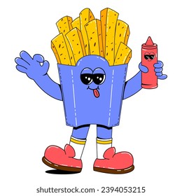 French fries character in retro cartoon style.Vector illustration of fast food with funny face, arms and legs on isolated white background.