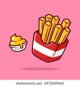 Pommes frites mit Käse-Sauce schwimmende Cartoon-Vektorgrafik-Ikone-Illustration. Food Object Icon Concept Vektorgrafik des isolierten Premiums. Flacher Zeichentrickstil