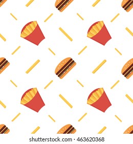 French fries and cheeseburger fast food seamless pattern background.