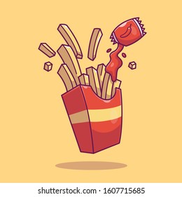 French Fries With Chili Sauce Cartoon Vector Icon Illustration.  Food Object Icon Concept Isolated Premium Vector. Flat Cartoon Style 