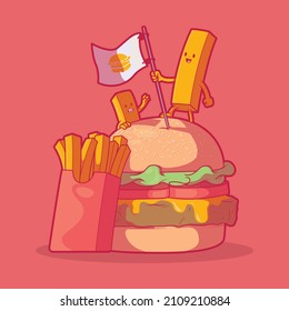 French fries climbing a burger vector illustration. Food, funny, activity design concept.