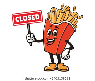 French fries with closed sign board cartoon mascot illustration character vector clip art