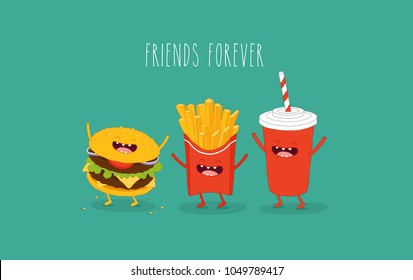 French fries, coca cola, funny hamburger, cheeseburger, friends forever. Funny food. Cartoon image. Use for cards, fridge magnets, stickers, posters.